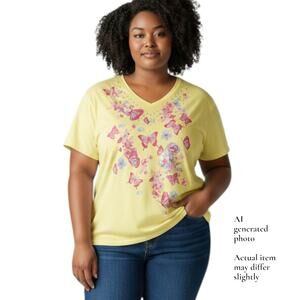 Quacker Factory All Flutter Yellow Butterfly Rhinestone V Neck T-Shirt Plus 3X